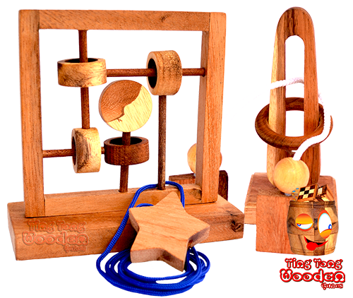 wooden string puzzle from samanea wood made in chiang mai thailand in ting tong wooden games factory