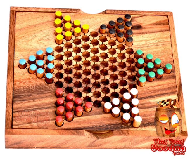 chinese checker, star halma box, halma wooden strategy game as travel version monkey pod Thailand