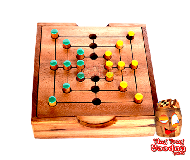 девяти мужчин morris или стратегическая игра для 2 человек, как маленькая деревянная коробка обезьяны под Таиландом
