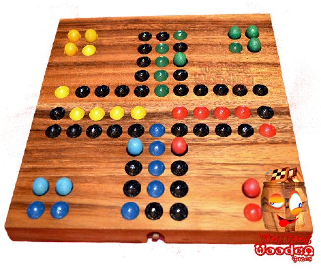 Ludjamgo Board Ball Six and Run Home Würfelspiel als Klappboard mit Kugeln aus Holz Monkey Pod wooden games Thailand
