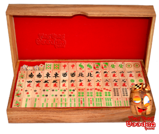 Mahjong chinese strategy game in wooden box with domino game pieces from monkey pod wood wooden games Thailand