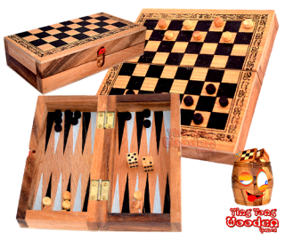 Backgammon und Damespiel in einer Holzbox aus Monkey Pod Thai wooden games