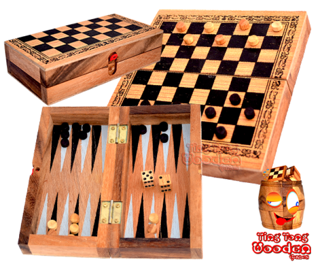 Backgammon und Damespiel in einer Holzbox aus Monkey Pod Thai wooden games