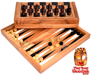 Backgammon, chess and checkers as game collection in monkey pod wooden box  wooden games Thailand