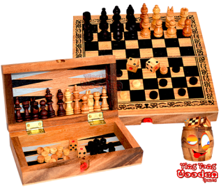 Backgammon, chess and checkers in a small wooden box game collection from monkey pod thai wooden games
