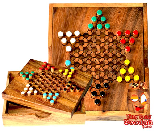 chinese checkers small star halma box, star halma as a travel variant in monkey pod wood Thailand
