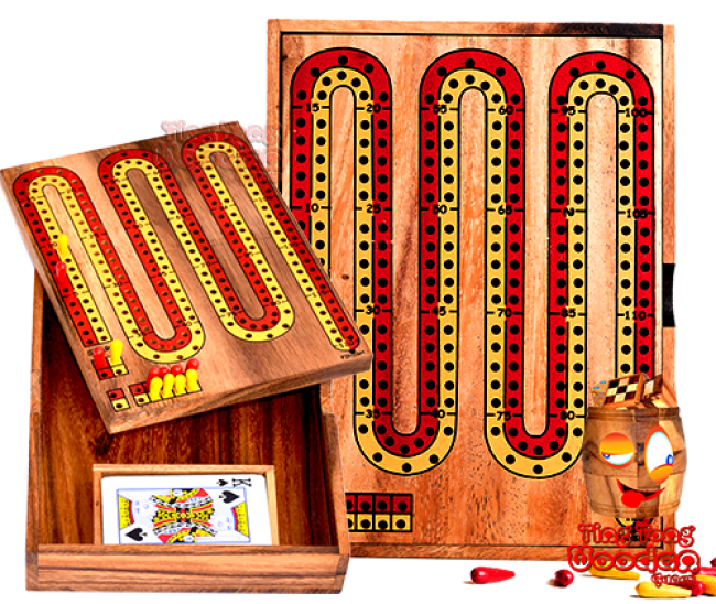 Cribbage game for 2 teams or 2 players made of wood with a card game of 52 cards in a wooden box Monkey pod Thailand wooden game