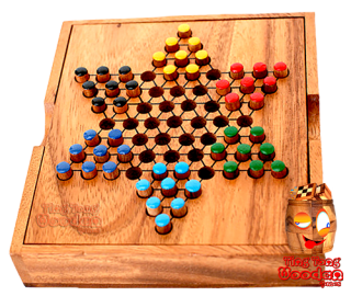 chinese checkers small halma box, star halma as a travel variant in monkey pod wood Thailand