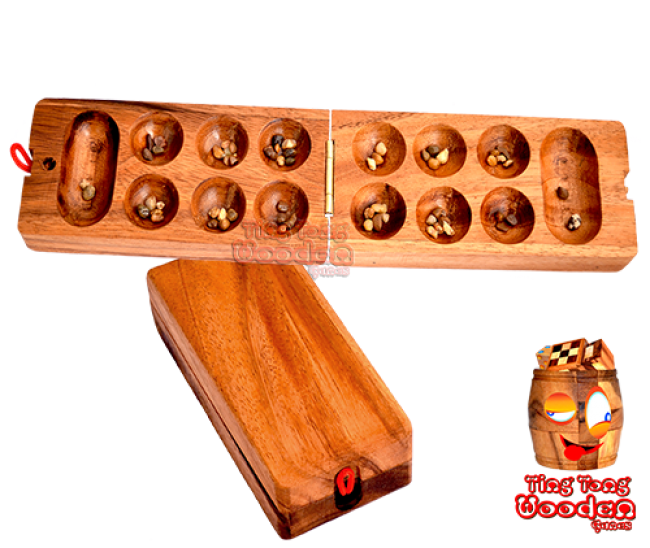 kalaha travel version of the mancala wooden game with half gemstones as a wooden box to fold Monkey Pod Thailand