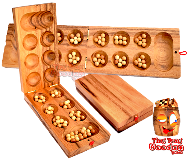 Mancala Kalaha large strategy wooden box with wooden balls made of monkey pod wood Thailand