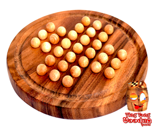 solitaire round wooden playing board medium with wooden balls from monkey pod wood Thailand
