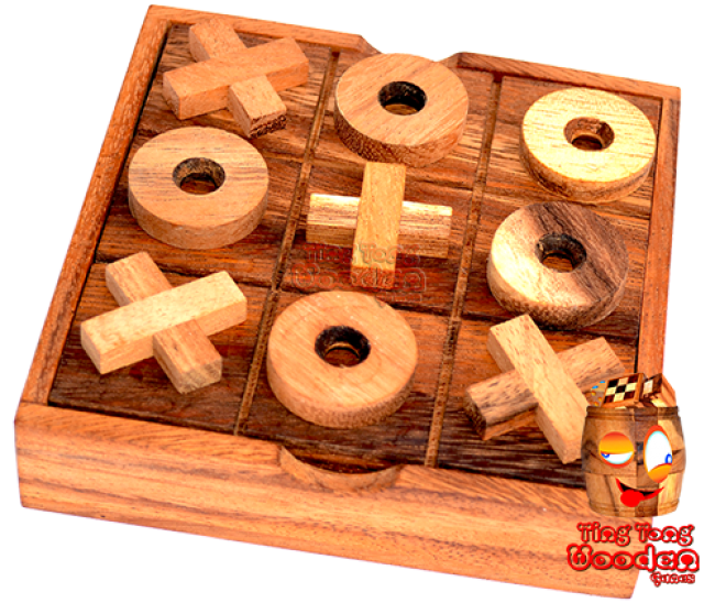 tic tac toe strategy game in wooden box xo or wooden cheese box monkey pod Thailand