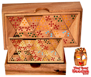 Triomino Tri Domino mit farbigen Punkten als Zahlen Legespiel aus Holz wooden games Thailand