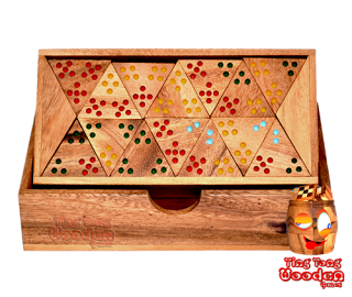 Triomino Tri Domino mit farbigen Punkten Monkey Pod Legespiel aus Holz wooden games Thailand
