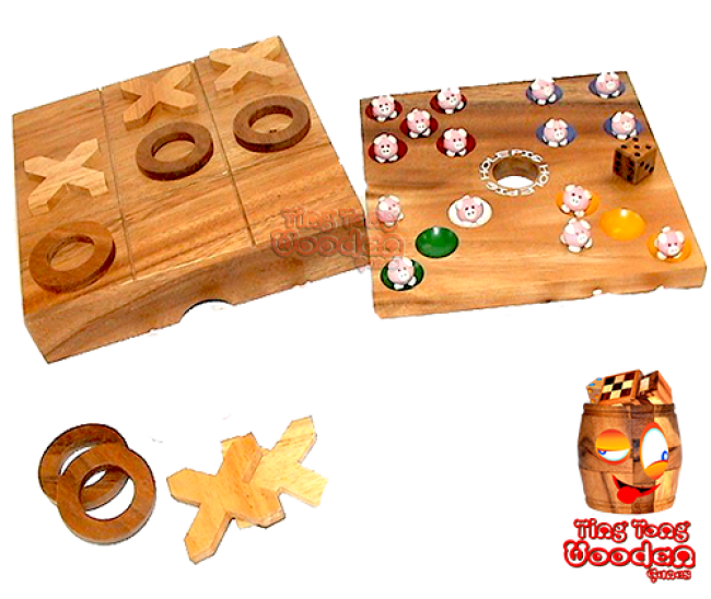 Pig Hole Schweinchenspiel als Spielsammlung mit Tic Tac Toe Monkey Pod thai wooden games