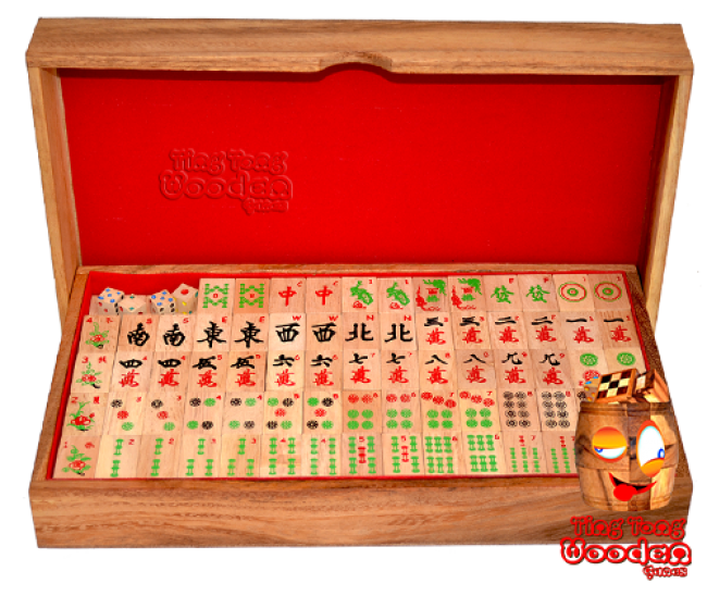 Mahjong chinese strategy game in wooden box with domino game pieces from monkey pod wood wooden games Thailand