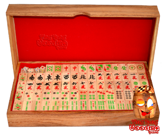 Mahjong chinois jeu de stratégie dans une boîte en bois avec des pièces de jeu de domino à partir de singe pod bois jeux en bois Thaïlande