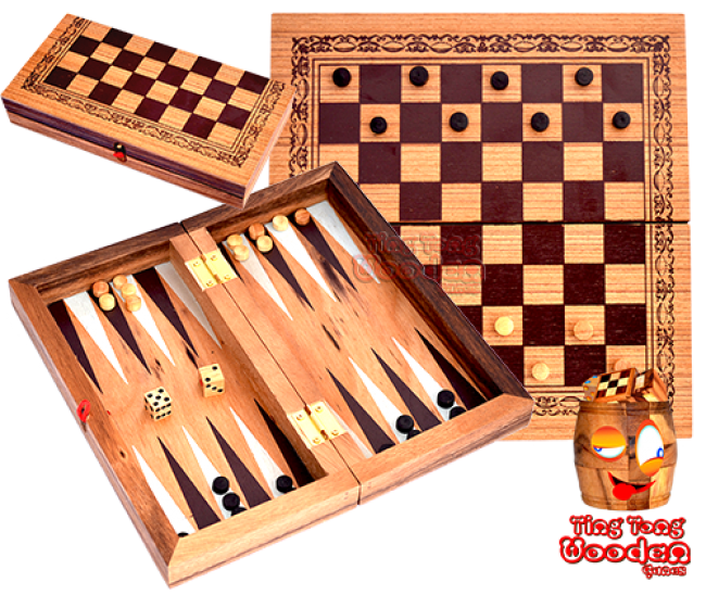 Backgammon and checkers in a medium wooden box from monkey pod thai wooden games