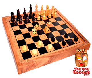 Backgammon, chess and checkers game collection in wooden box from monkey pod thai wooden games
