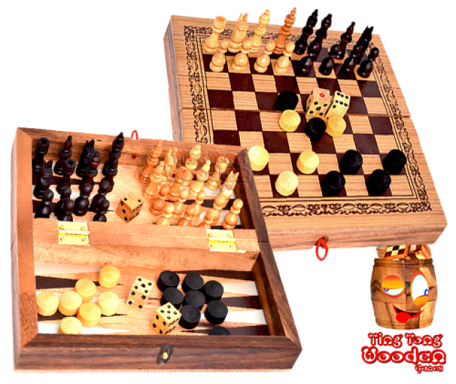 Backgammon, chess and checkers in a medium wooden box game collection from monkey pod thai wooden games