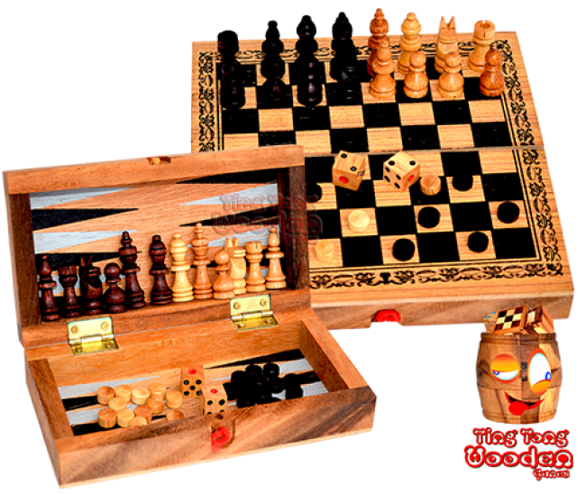 Backgammon, Schach und Damespiel in einer kleinen Holzbox Spielesammlung aus Monkey Pod Thai wooden games
