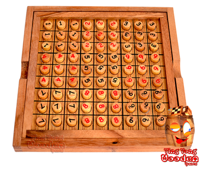 Sudoku 9x9 กระดานไม้พร้อมปลั๊กไม้สีแดงและสีดำไม้เกมงูดอยซูโดกุประเทศไทย