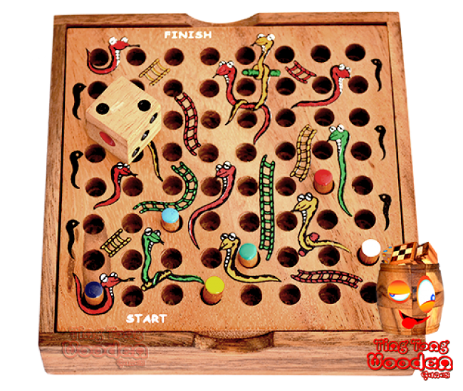Schlange Leiter Kinderspiel in einer Holzbox mit Würfel und Spielstecker Monkey Pod wooden games Thailand