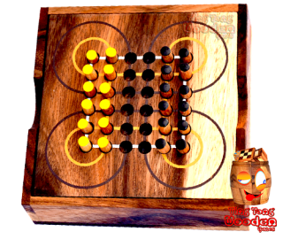 Surakarta Roundabout game as wooden box with wooden plugs for travel Monkey Pod thai wooden games 