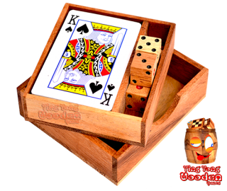 Playing cards set with dice in wooden box monkey pod wooden games Thailand