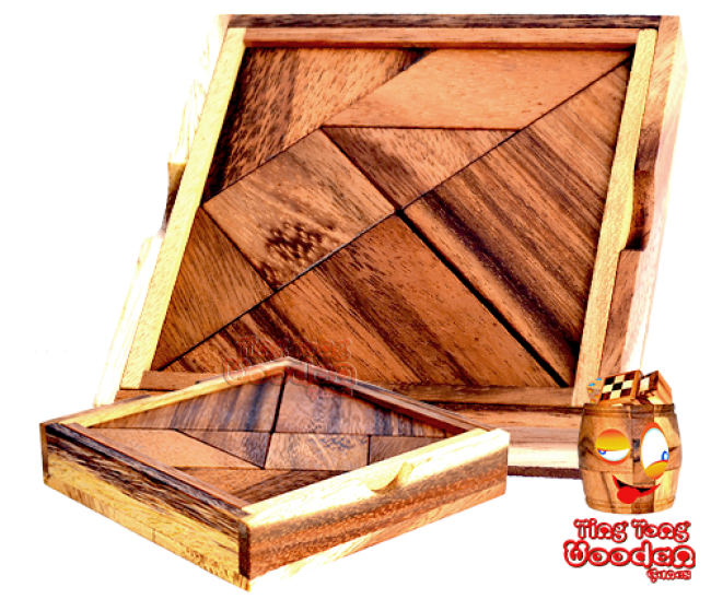 Tangram wooden puzzle box large with 7 pieces and templates to puzzle ting tong wooden games chiang mai thailand